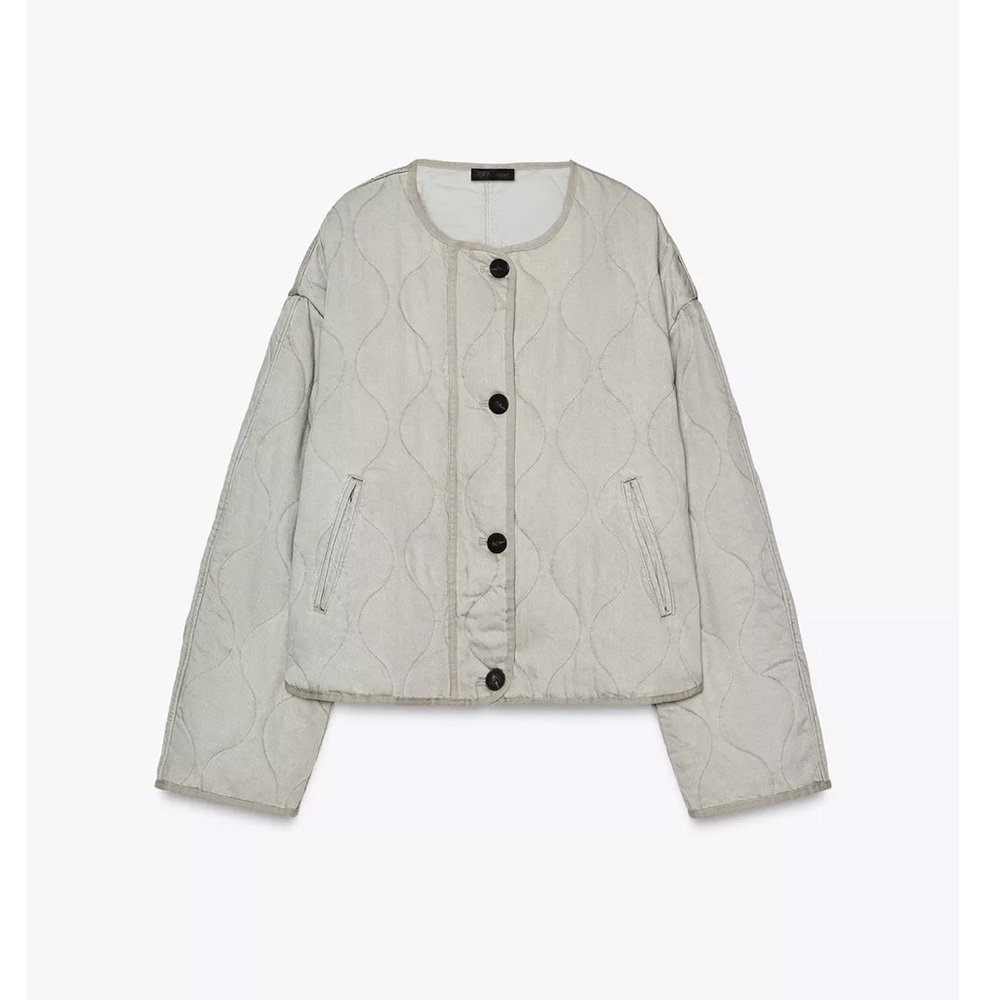Zara Washed Effect Quilted Jacket Sz:L Washed Green